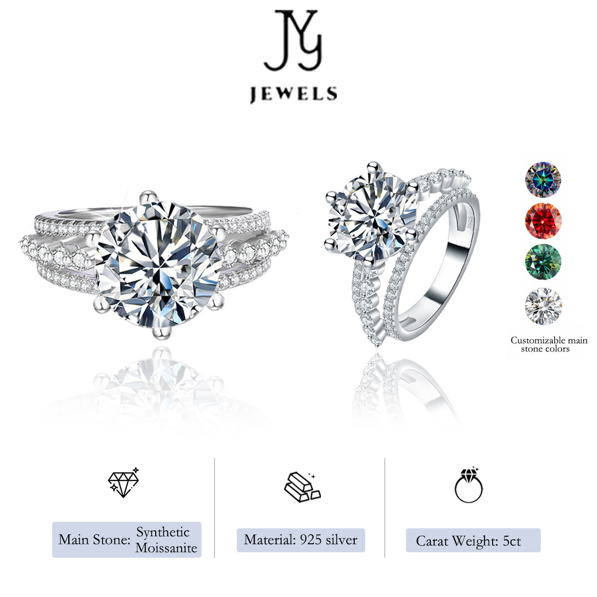 【JYJZZ199】Synthetic Moissanite S625 Silver three lifetimes and three worlds 5 CT Eight Heart Cut Large Carat Fashion High Grade Light Luxury Women's Ring, Daily Wear, Party Gathering, Birthday Gift, Lover's Gift.