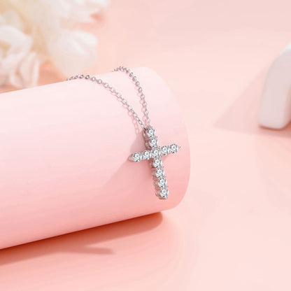 [JYJZZ184] (Alejandra) Synthetic Moissanite S925 Sterling Silver 44 cm long 0.1CT, 0.3CT Premium full gemstone cross pendant collarbone fashion high feeling necklace, daily jewelry, holiday gift, gift for others.