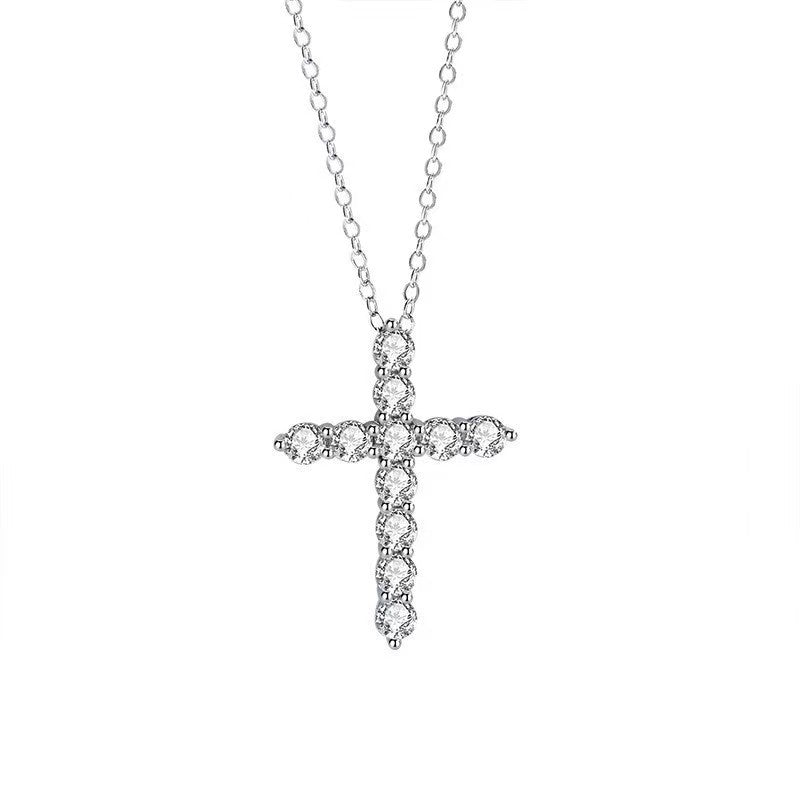 [JYJZZ184] (Alejandra) Synthetic Moissanite S925 Sterling Silver 44 cm long 0.1CT, 0.3CT Premium full gemstone cross pendant collarbone fashion high feeling necklace, daily jewelry, holiday gift, gift for others.