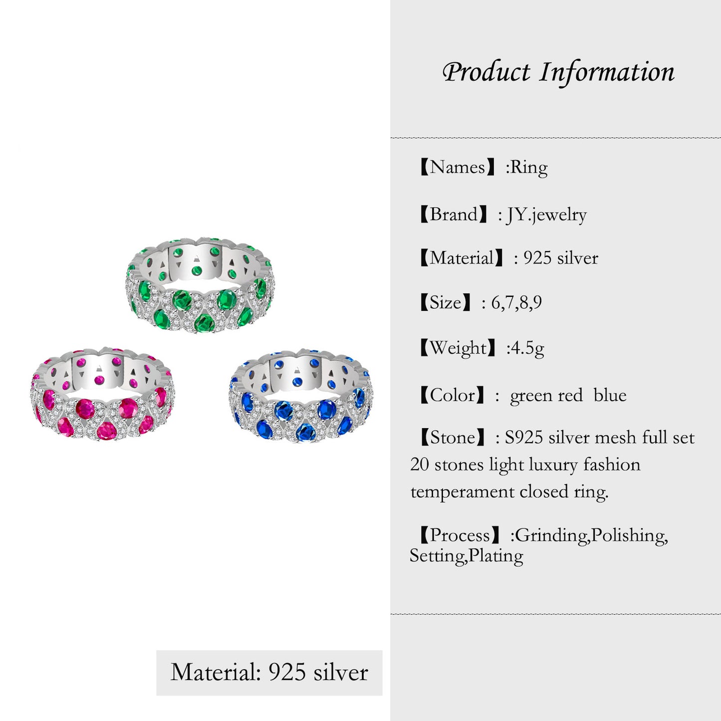 [JYJZZ182] （Arana）S925 silver full set 20 stones hand jewelry light luxury fashion temperament closed design ring.