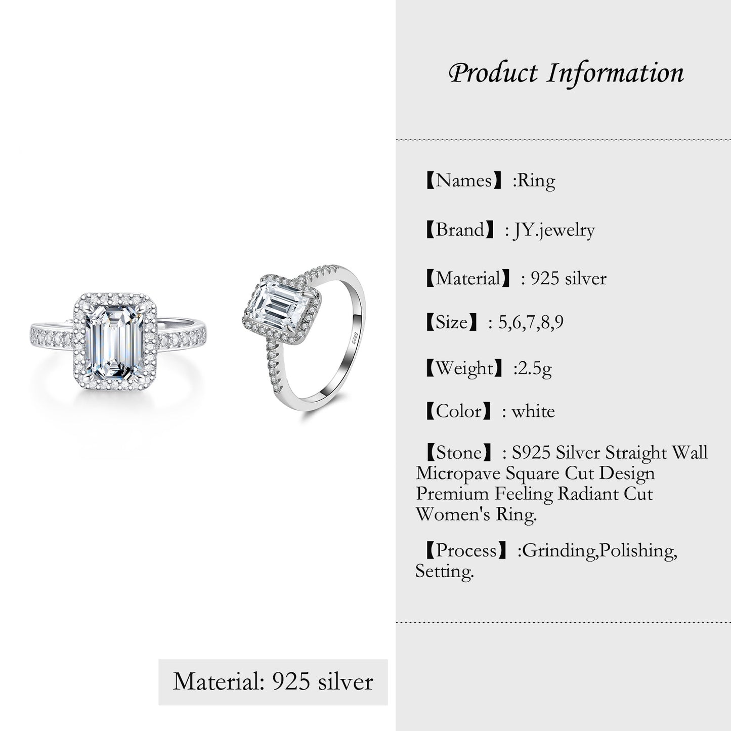 【JYJZZ212】Synthetic Moissanite S925 Sterling Silver 1CT Straight Wall Microwave Square Cut Design Premium Feeling Radiant Cut Women's Ring,Elegant Premium Light Luxury Gift Ring.