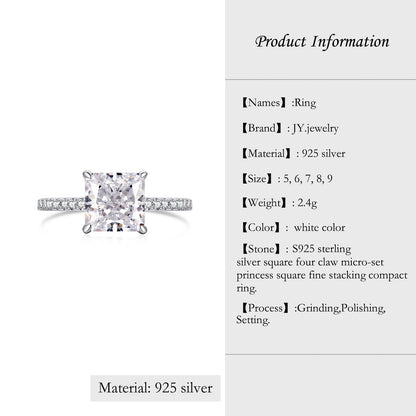 【JYJZZ193】Synthetic Moissanite S925 Sterling Silver 2CT Four Side Square Four Claw Micro Setting Design Fashion Feeling Fine Stacking Compact Women's Ring, Gift Wedding Ring Holiday Ring.