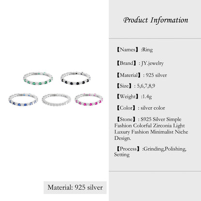 [JYJZZ183] (Sara) S925 Silver Simple Fashion Colored Zirconia Light Luxury Fashion Minimalist Niche Design Ring.