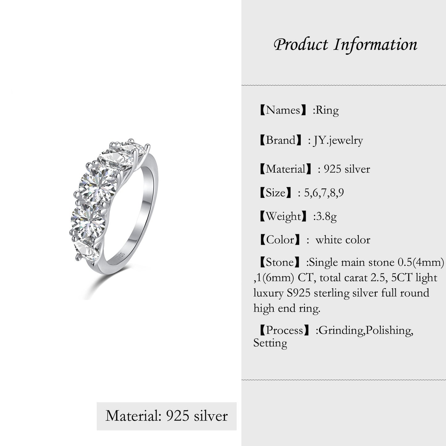 [JYJZZ172] （Cataline）Synthetic Moissanite S925 Sterling Silver 5-Stone 2.5 CT or 5 CT  Row Ring Closed Mouth Light Luxury Full Round High End Simple Fashion Ring.