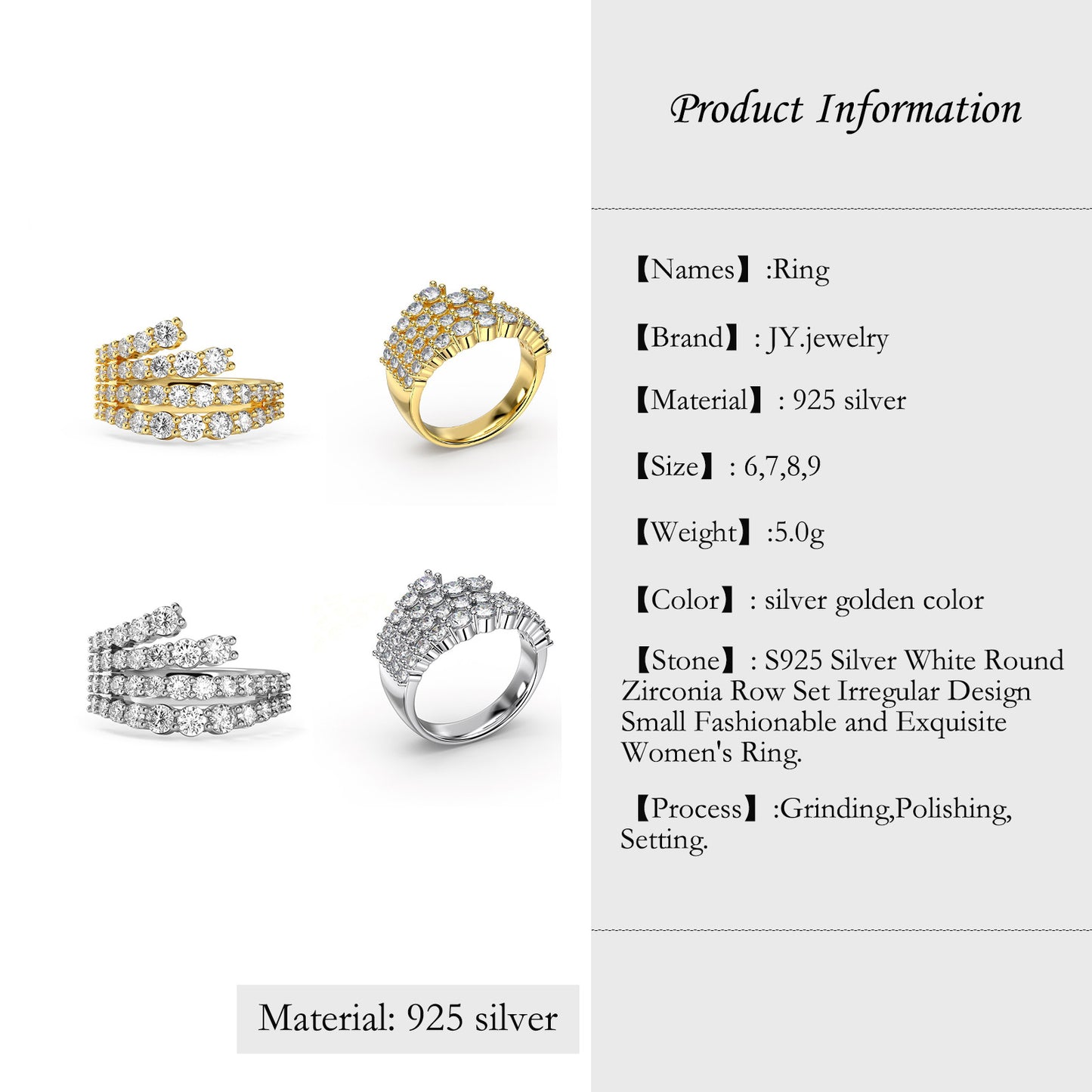 【JYJZZ203】S925 Silver White Round 4 Layers Zirconia Row Set Irregular Design Small Fashion Delicate Women's Ring, Wedding, Party, Gathering High Fashion Sense Ring.