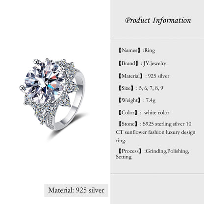 【JYJZZ194】Synthetic Moissanite S925 Sterling Silver 10 CT Sunflower Fashion Luxury Design Ring, Women Men Classic Everyday Jewelry Gifts, Wedding Engagement Rings, Birthday Holiday Gifts.