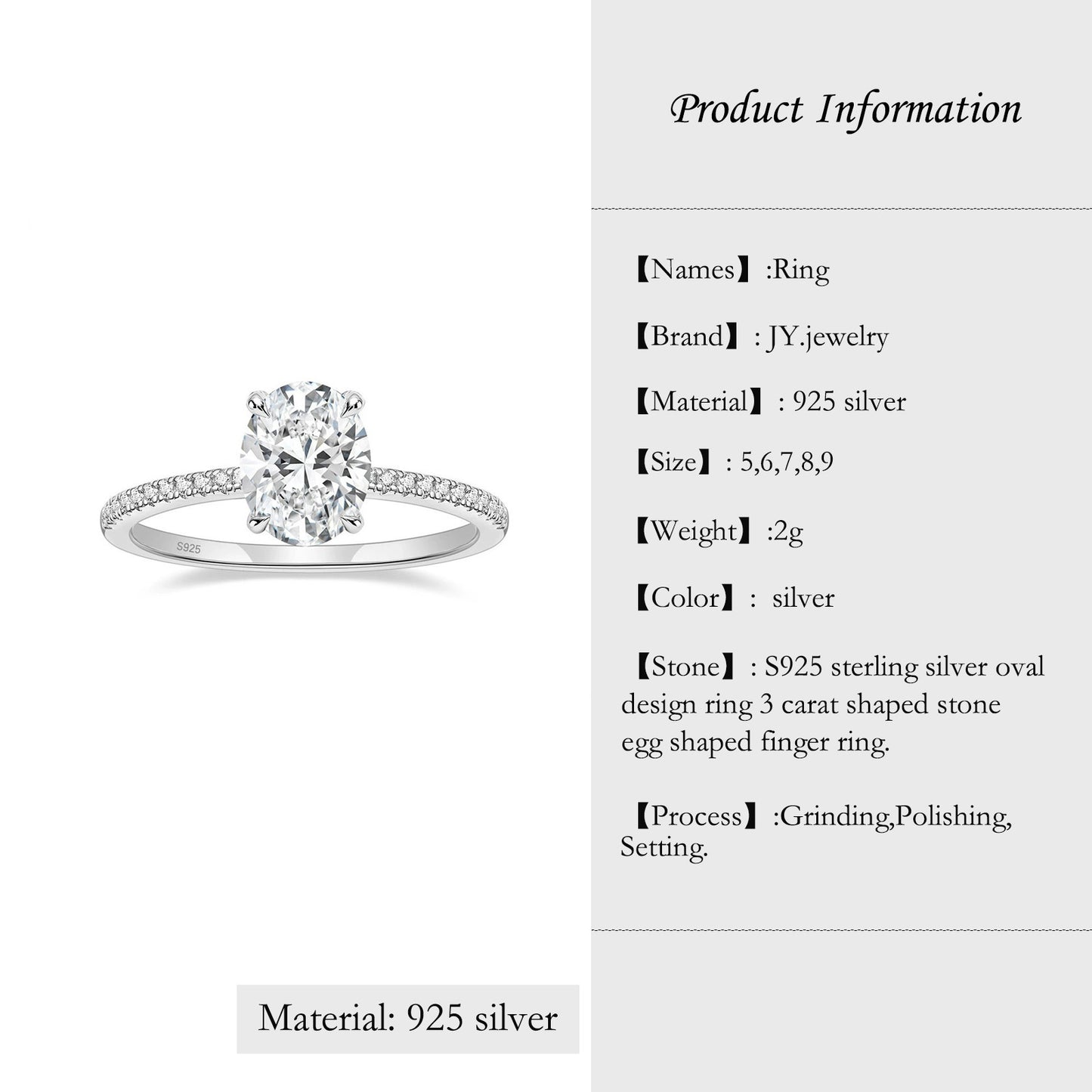 【JYJZZ201】Synthetic Moissanite S925 Sterling Silver 3 CT Oval Shaped Light Luxury Premium Feeling Cool Design Ring Engagement Wedding Jewelry Ring.