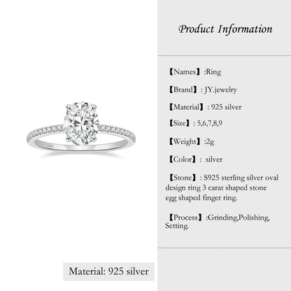 【JYJZZ201】Synthetic Moissanite S925 Sterling Silver 3 CT Oval Shaped Light Luxury Premium Feeling Cool Design Ring Engagement Wedding Jewelry Ring.