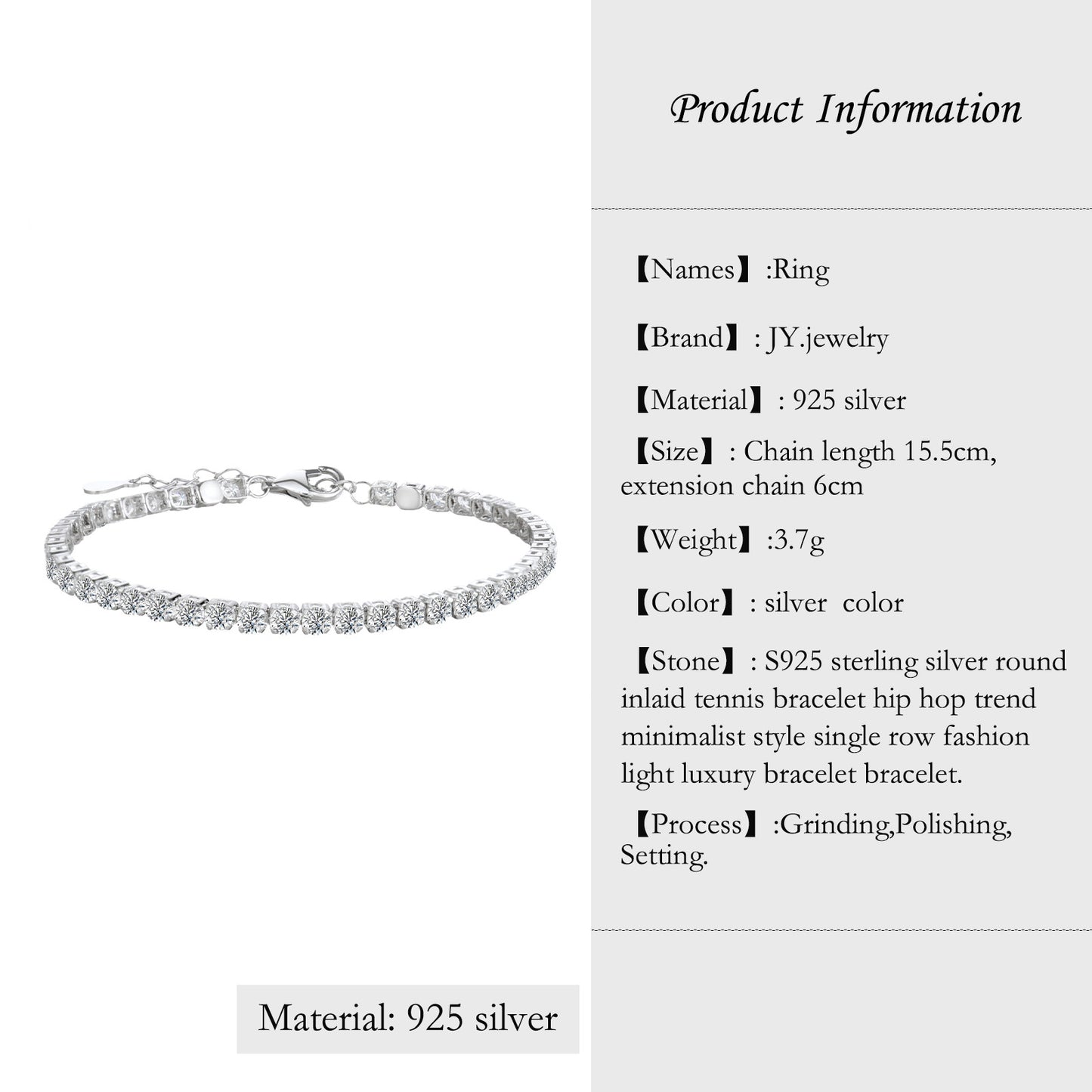 [JYJZZ207] Synthetic Moissanite S925 Sterling Silver Total Chain Length 21.cm 4.4 CT Round Inlay Tennis Bracelet Hip Hop Trend Minimalist Style Single Row Fashion Light Luxury Bracelet Bracelet for Women Men Classic Daily Jewelry Gift.