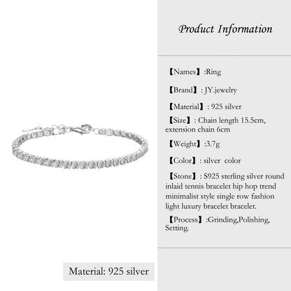 [JYJZZ207] Synthetic Moissanite S925 Sterling Silver Total Chain Length 21.cm 4.4 CT Round Inlay Tennis Bracelet Hip Hop Trend Minimalist Style Single Row Fashion Light Luxury Bracelet Bracelet for Women Men Classic Daily Jewelry Gift.