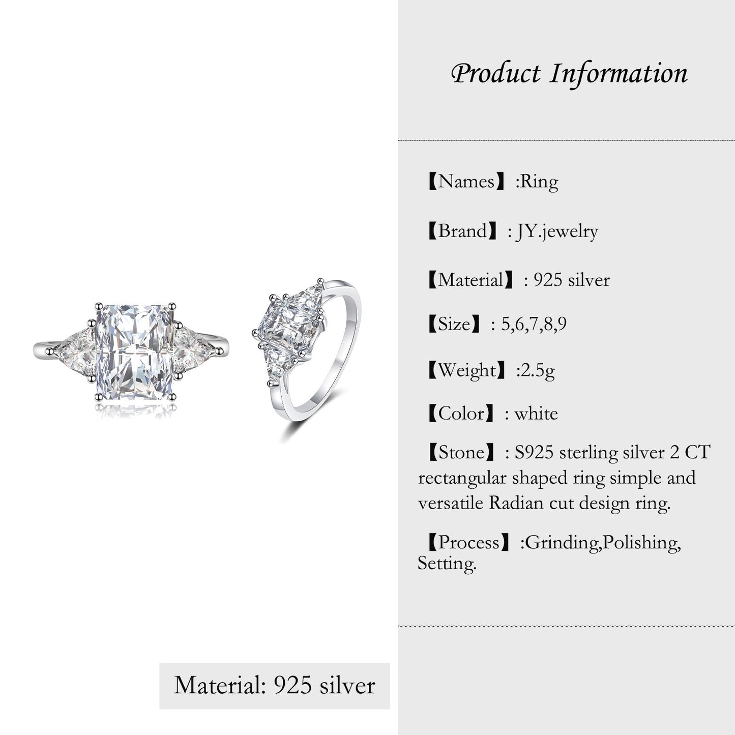 【JYJZZ213】Synthetic Moissanite S925 Sterling Silver 2CT Rectangle Shaped Ring Simple Fashion Versatile Design Radiant Cut Ring for Women.