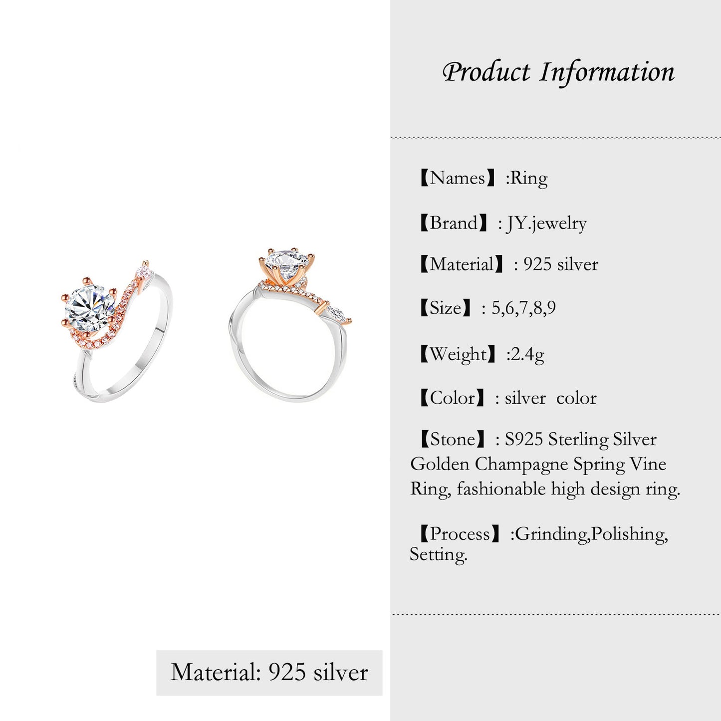 【JYJZZ204】Synthetic Moissanite S925 Sterling Silver 1CT New golden color setting closed mouth fashion high quality design ring, daily wear, party gathering, holiday gift, Valentine's Day gift.