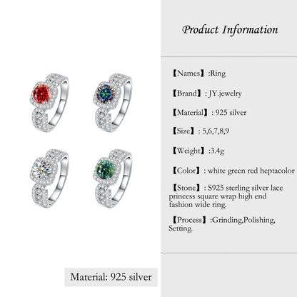 【JYJZZ205】Synthetic Moissanite S925 Sterling Silver 1 CT Lace Princess Wide Square Wrap Ring, Fashion Premium Feeling Design Customizable Main Stone Color Proposal Ring, Birthday Gift for Girlfriend, Wedding Anniversary Gift.