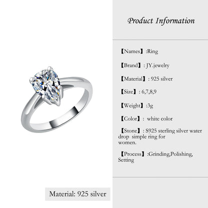 [JYJZZ173] Synthetic Moissanite S925 Sterling Silver 2CT Water Drop Simple Ring Women Fashion Light Luxury Hundred Premium Feeling Silver Ring.