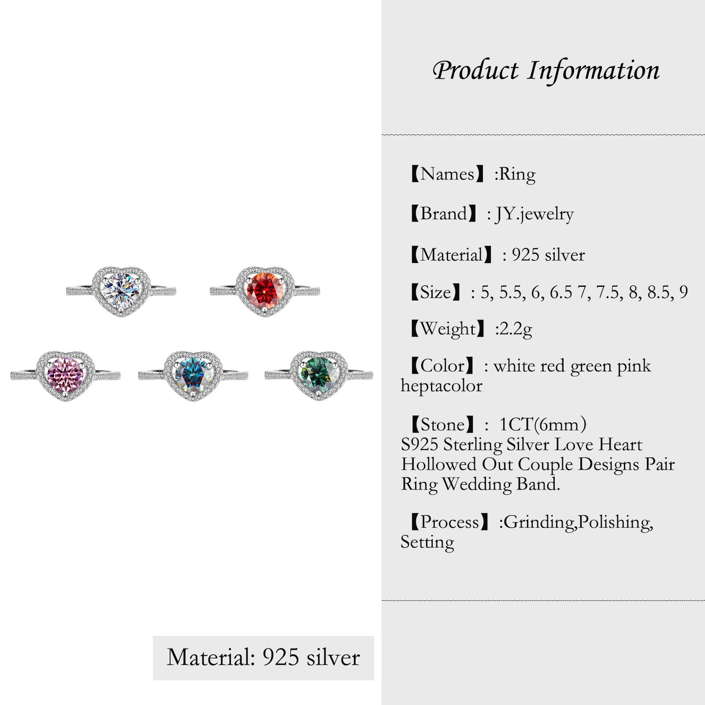 [JYJZZ189] Synthetic Moissanite 1 CT S925 Sterling Silver Love Heart Cutout Stylish Design Couple Rings Wedding Band, Everyday Jewelry Gifts, Birthday Holiday Gift Rings.