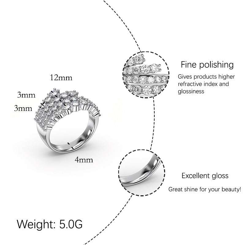 【JYJZZ203】S925 Silver White Round 4 Layers Zirconia Row Set Irregular Design Small Fashion Delicate Women's Ring, Wedding, Party, Gathering High Fashion Sense Ring.