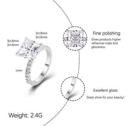 【JYJZZ193】Synthetic Moissanite S925 Sterling Silver 2CT Four Side Square Four Claw Micro Setting Design Fashion Feeling Fine Stacking Compact Women's Ring, Gift Wedding Ring Holiday Ring.