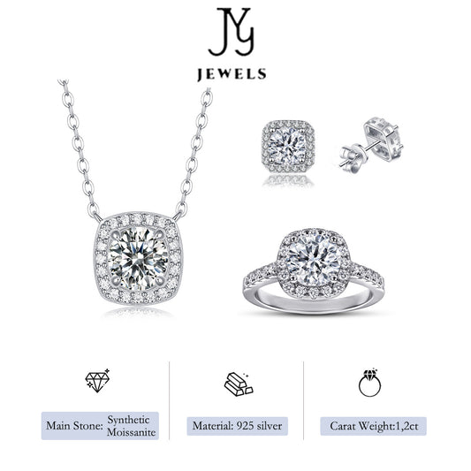 【JYJZZ210】Synthetic Moissanite S925 Sterling Silver 1,2CT Square Round Stone Design Ring, Earrings and Necklace Gift Set, Fashion Light Luxury Premium Women Men Classic Daily Jewelry Gift.