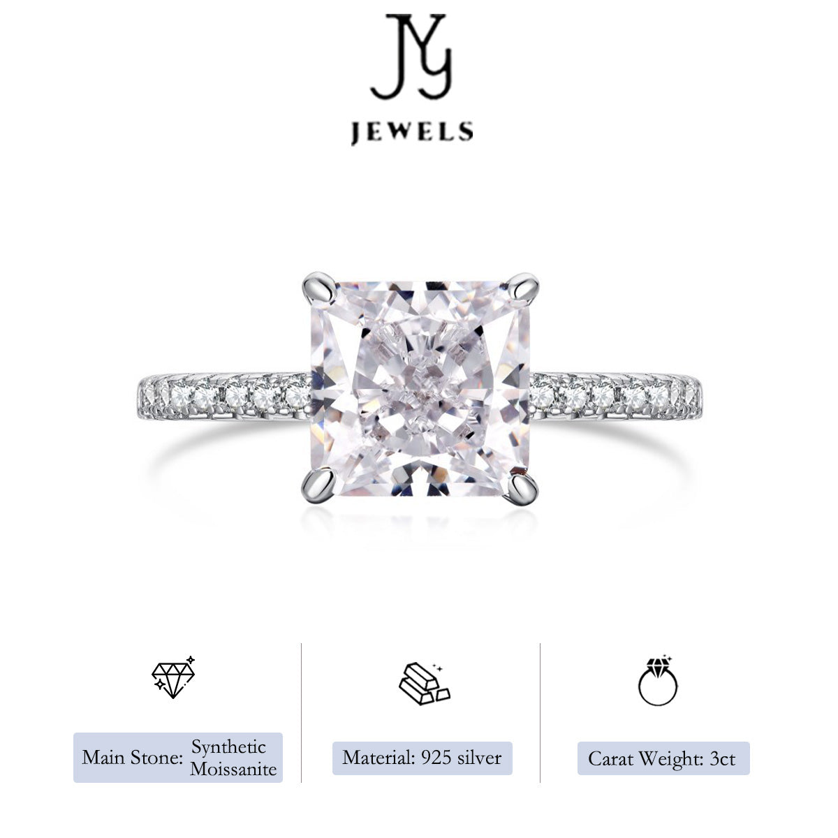 【JYJZZ193】Synthetic Moissanite S925 Sterling Silver 2CT Four Side Square Four Claw Micro Setting Design Fashion Feeling Fine Stacking Compact Women's Ring, Gift Wedding Ring Holiday Ring.