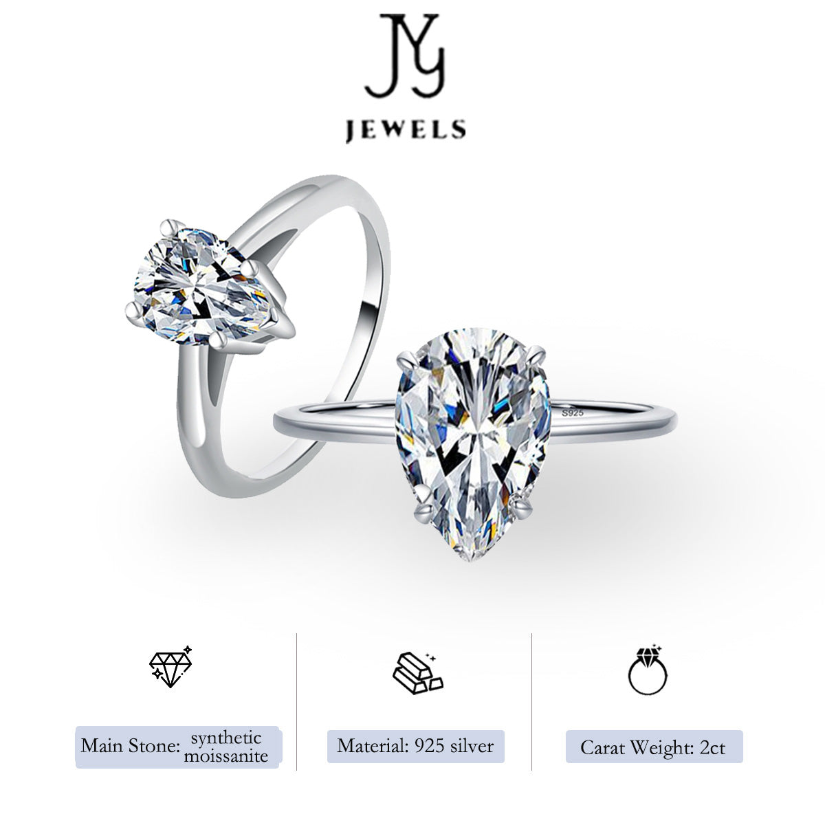 [JYJZZ173] Synthetic Moissanite S925 Sterling Silver 2CT Water Drop Simple Ring Women Fashion Light Luxury Hundred Premium Feeling Silver Ring.