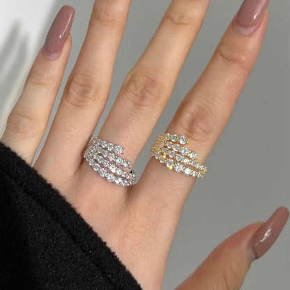 【JYJZZ203】S925 Silver White Round 4 Layers Zirconia Row Set Irregular Design Small Fashion Delicate Women's Ring, Wedding, Party, Gathering High Fashion Sense Ring.