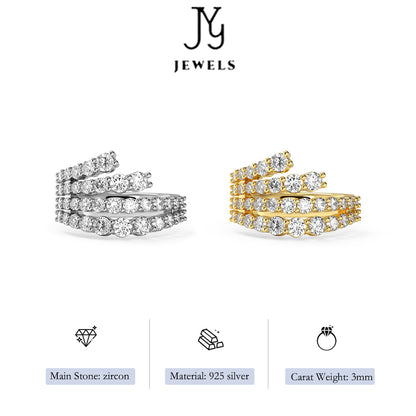 【JYJZZ203】S925 Silver White Round 4 Layers Zirconia Row Set Irregular Design Small Fashion Delicate Women's Ring, Wedding, Party, Gathering High Fashion Sense Ring.