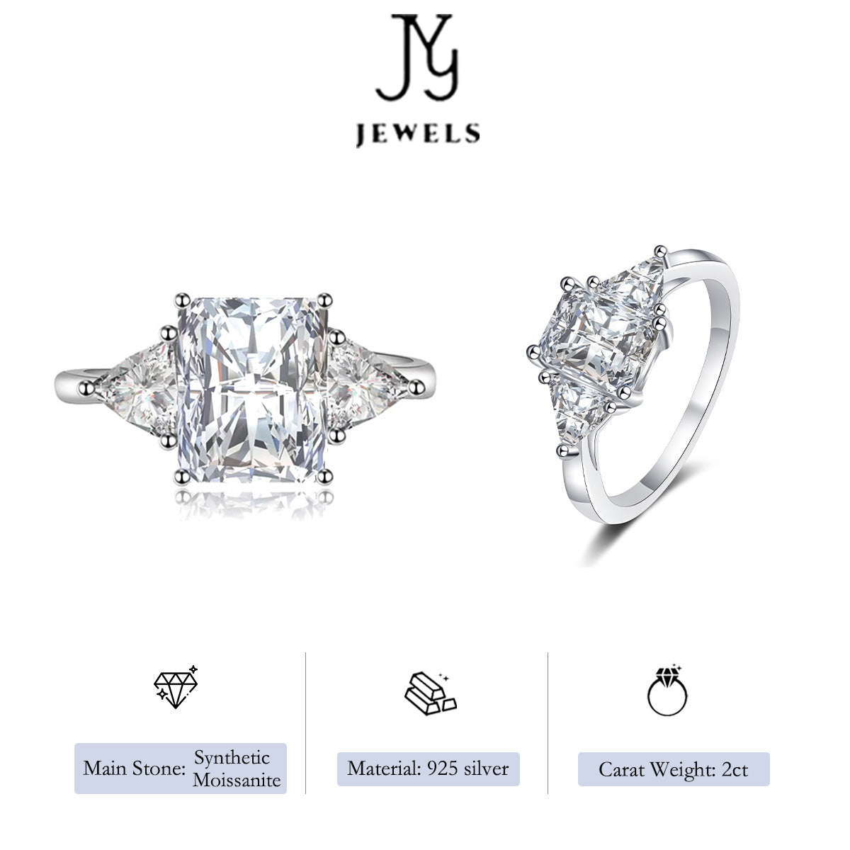 【JYJZZ213】Synthetic Moissanite S925 Sterling Silver 2CT Rectangle Shaped Ring Simple Fashion Versatile Design Radiant Cut Ring for Women.